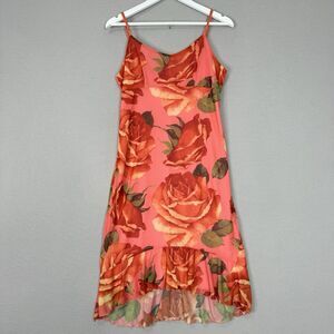 Vintage G.A.S. Womens Dress Large Pink Floral Midi Ruffle Hem Mesh Fairy Y2K 90s